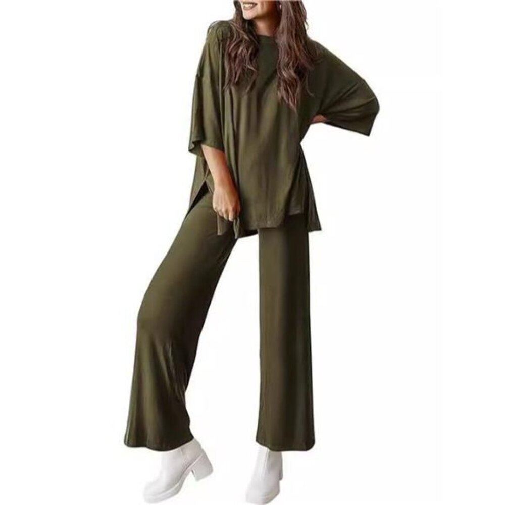 Relaxed Fit Round Neck Top and Pants Two-Piece Set